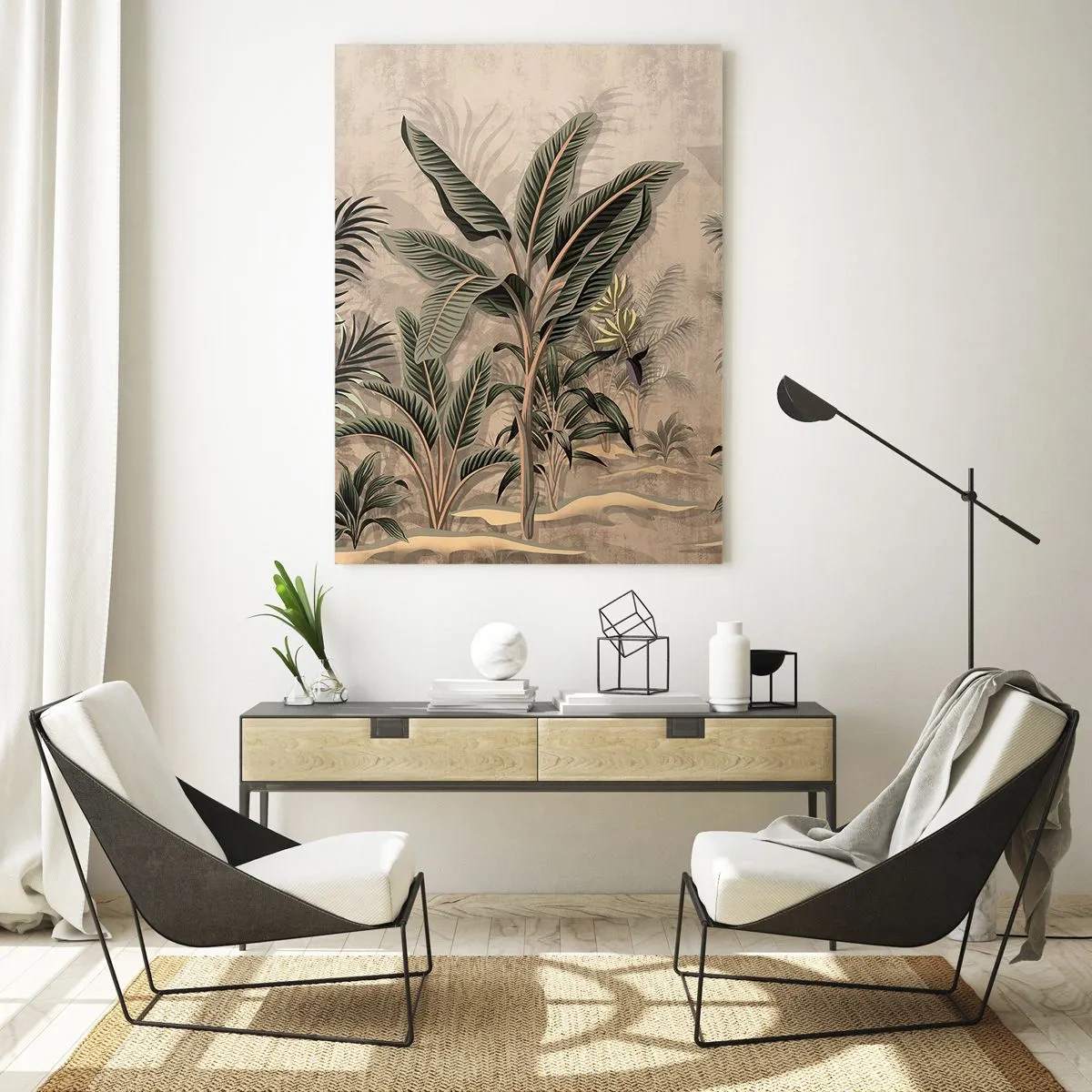Quadro su vetro - Piante tropicali su sfondo beige in stile coloniale - 50x70cm - Incisione in stile coloniale - Decorazione murale moderna per soggiorno e camera da letto ARTTOR