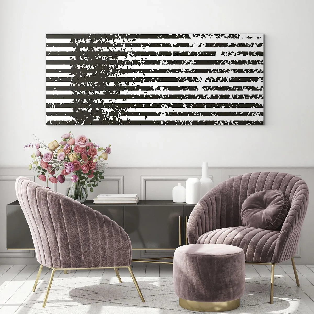 Quadro su vetro - Linee astratte con effetto invecchiato in bianco e nero - 140x50cm - Ritmo e rumore - Decorazione murale moderna per soggiorno e camera da letto ARTTOR