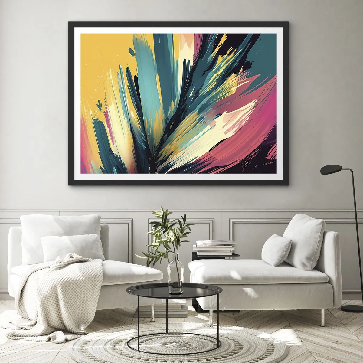 Poster in cornice nera - Una composizione astratta dai colori intensi e contrastanti. - 70x50cm - Composizione: esplosione di gioia - Decorazione murale moderna per soggiorno e camera da letto ARTTOR