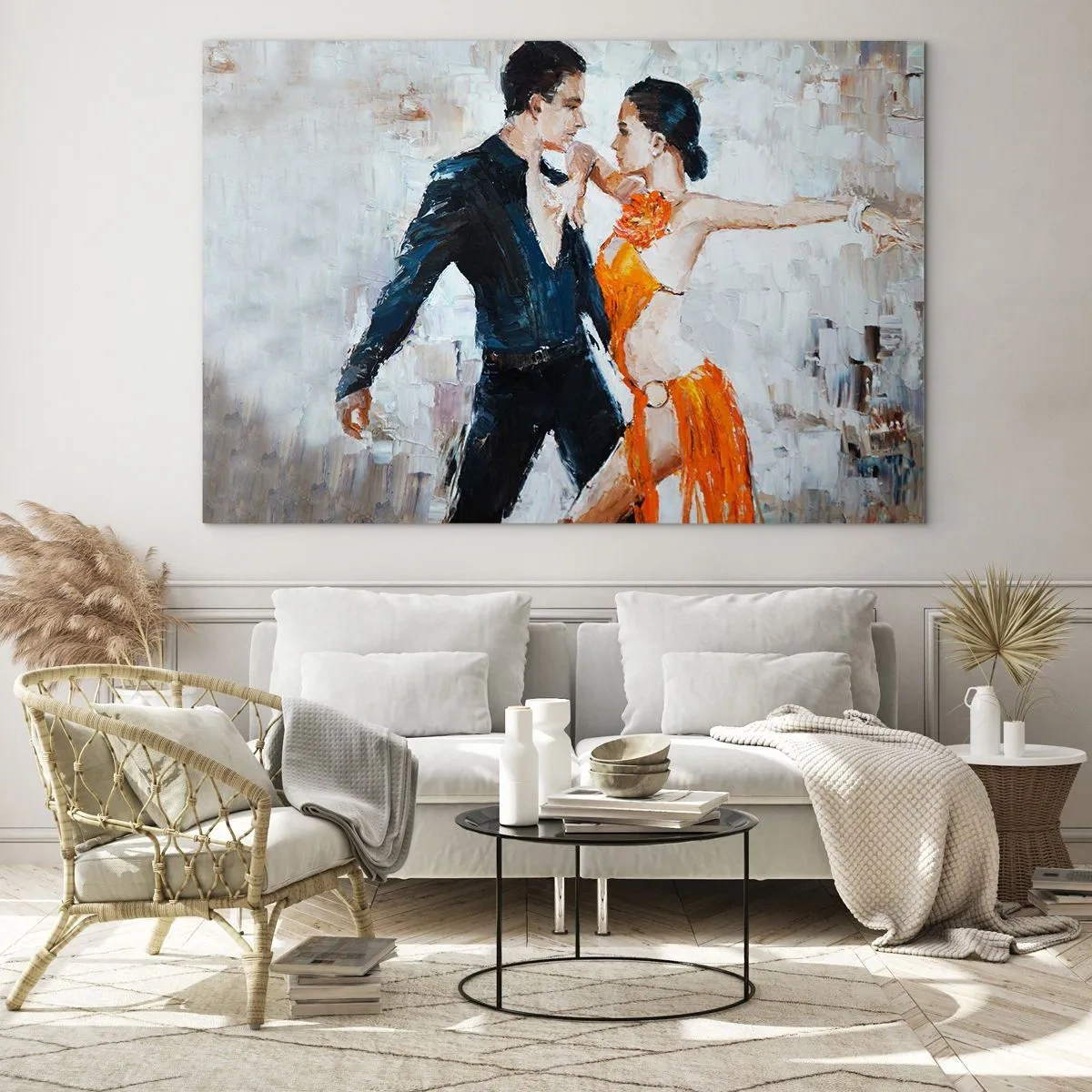 Quadro su vetro - Una coppia che balla in una posa dinamica su uno sfondo in stile impressionista - 70x50cm - Dirty dancing - Decorazione murale moderna per soggiorno e camera da letto ARTTOR