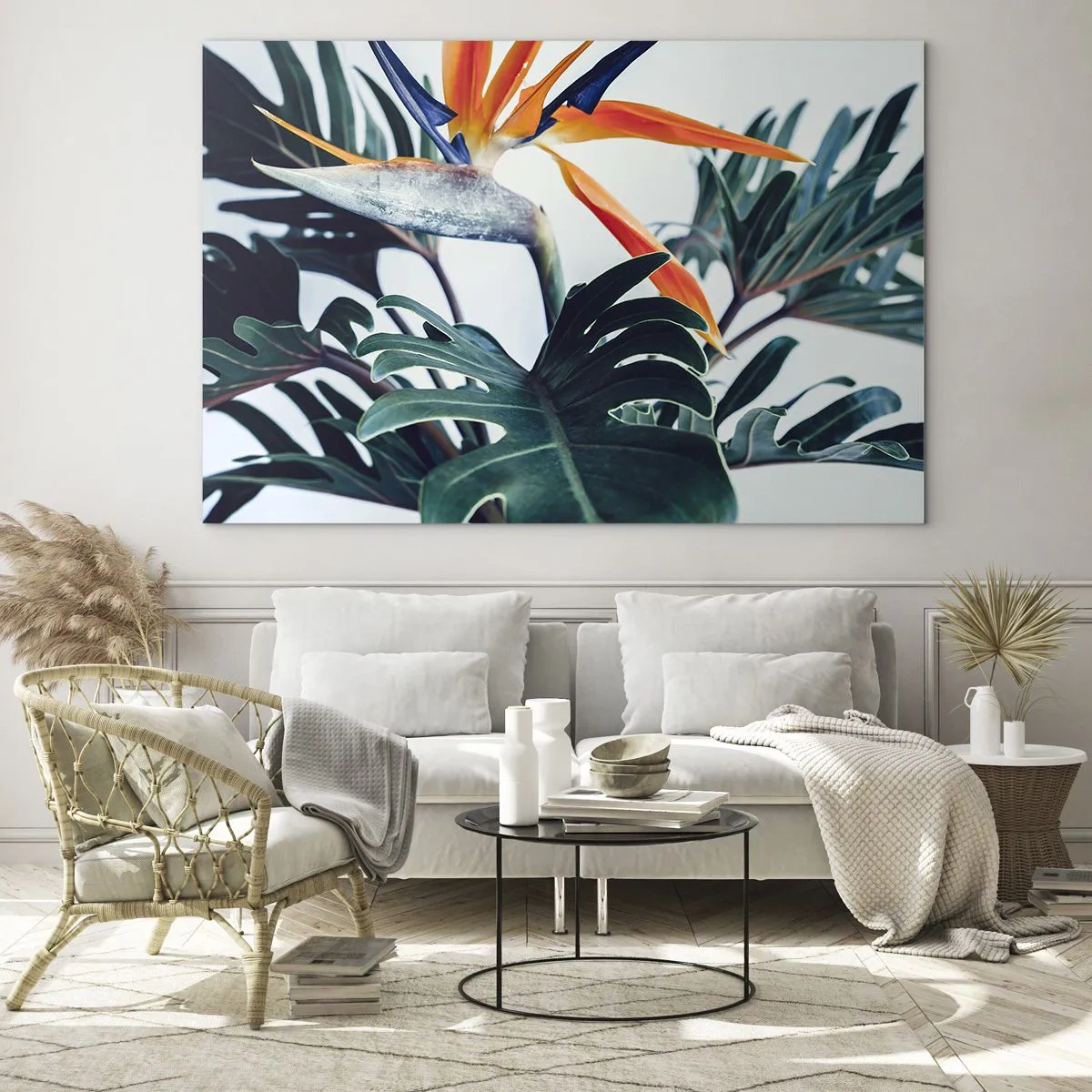 Quadro su vetro - Pianta esotica con fiore di uccello del paradiso - 120x80cm - Pianta uccello - Decorazione murale moderna per soggiorno e camera da letto ARTTOR