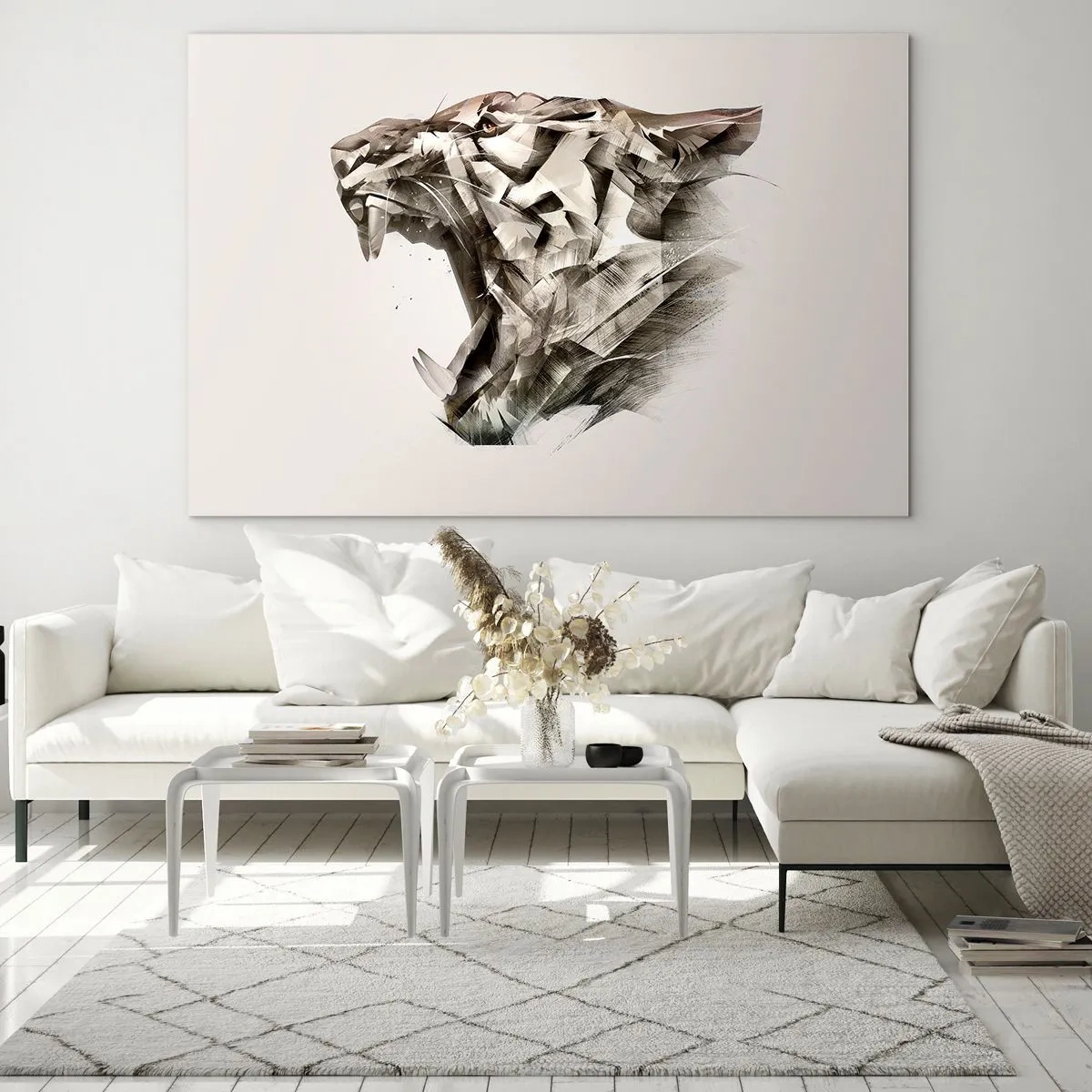 Quadro su vetro - Illustrazione geometrica di una tigre ruggente su uno sfondo chiaro - 120x80cm - Sai chi comanda - Decorazione murale moderna per soggiorno e camera da letto ARTTOR