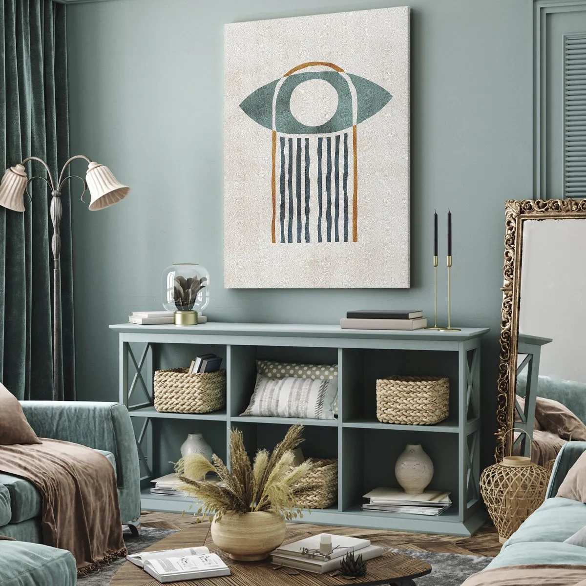 Quadro su tela - Stampe su Tela - Motivo geometrico nei toni del verde e dell'arancione - 80x120cm - Segni e rituali - Decorazione murale moderna per soggiorno e camera da letto ARTTOR