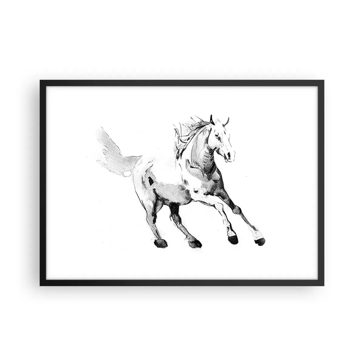 Poster in cornice nera - Schizzo di un cavallo al galoppo nei toni del bianco e nero - 70x50cm - Anima indomabile - Decorazione murale moderna per soggiorno e camera da letto ARTTOR