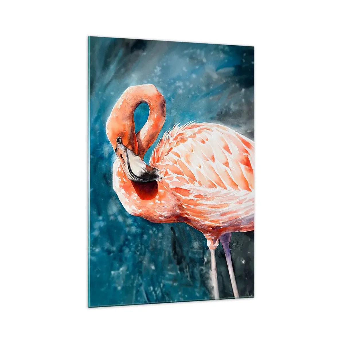 Quadro su vetro - Un fenicottero rosa su uno sfondo blu acquerello - 70x100cm - Naturalmente decorativo  - Decorazione murale moderna per soggiorno e camera da letto ARTTOR