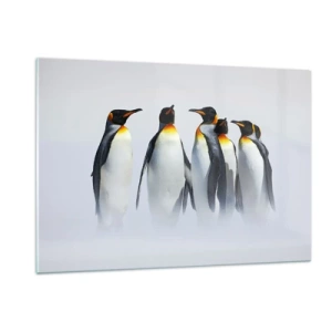Quadro su vetro - Un gruppo di pinguini in uno scenario invernale - 120x80cm - Incontro in abito da sera - Decorazione murale moderna per soggiorno e camera da letto ARTTOR