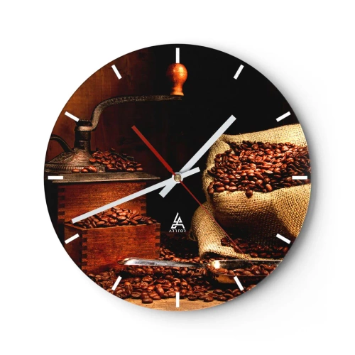 Orologio da parete - Orologio in Vetro - Chicchi di caffè e un macinacaffè in stile rustico - 30x30cm - Natura morta con chicchi di caffè e macinino - Decorazione murale moderna per soggiorno, cucina e camera da letto ARTTOR
