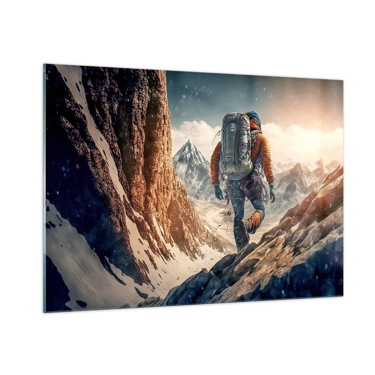 Quadro su vetro - Un escursionista che scala un pendio roccioso e innevato - 100x70cm - Guerriero solitario - Decorazione murale moderna per soggiorno e camera da letto ARTTOR