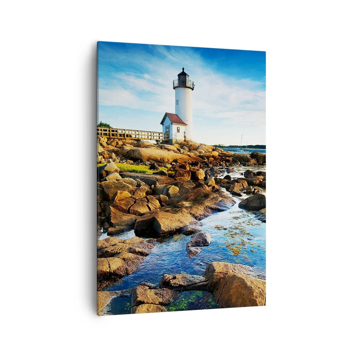 Quadro su tela - Stampe su Tela - Un faro su una costa rocciosa in una giornata di sole - 70x100cm - Tornate sani e salvi, vi aspetto - Decorazione murale moderna per soggiorno e camera da letto ARTTOR