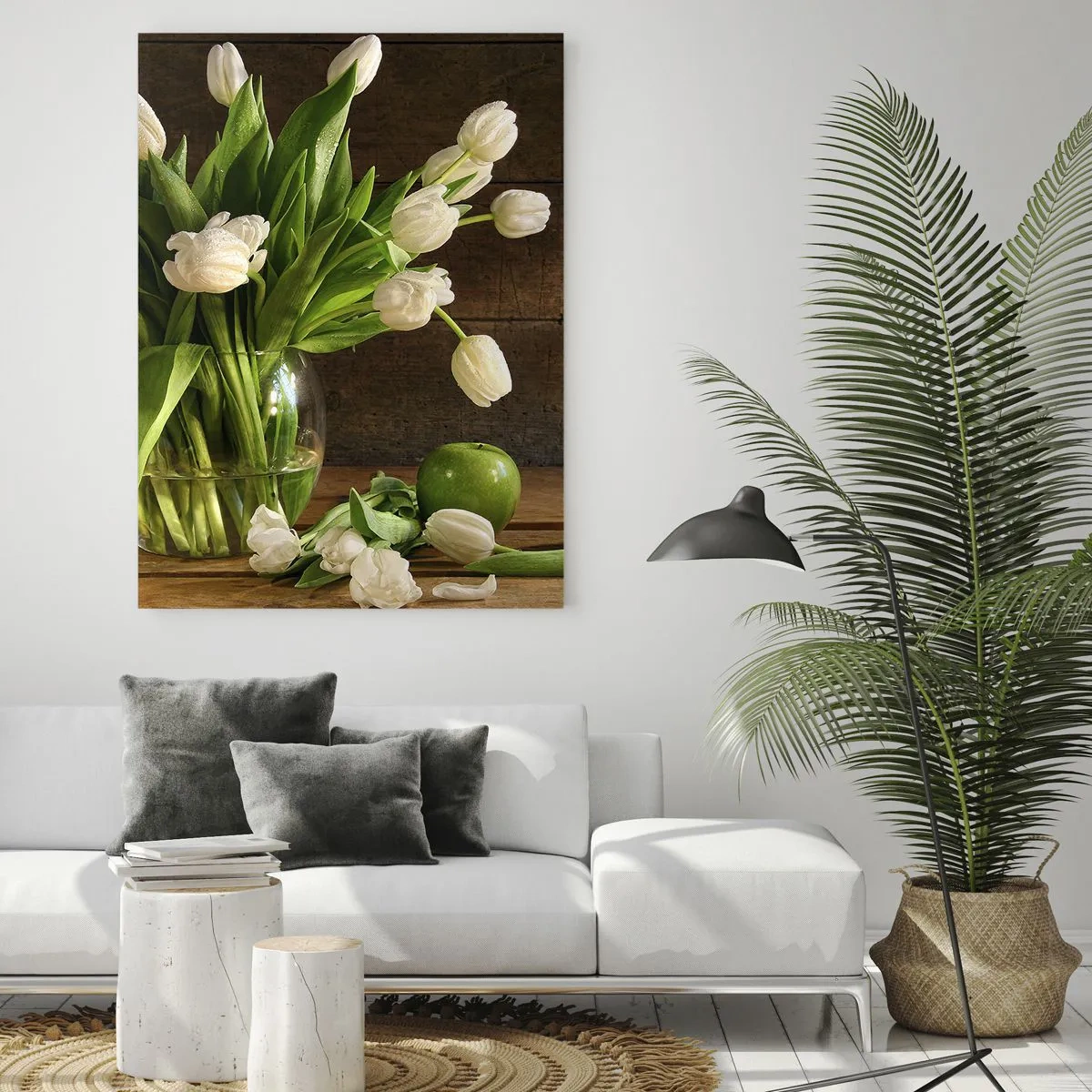 Quadro su vetro - Un bouquet di tulipani bianchi in un vaso di vetro con mele verdi - 70x100cm - Freschezza in verde e bianco - Decorazione murale moderna per soggiorno e camera da letto ARTTOR