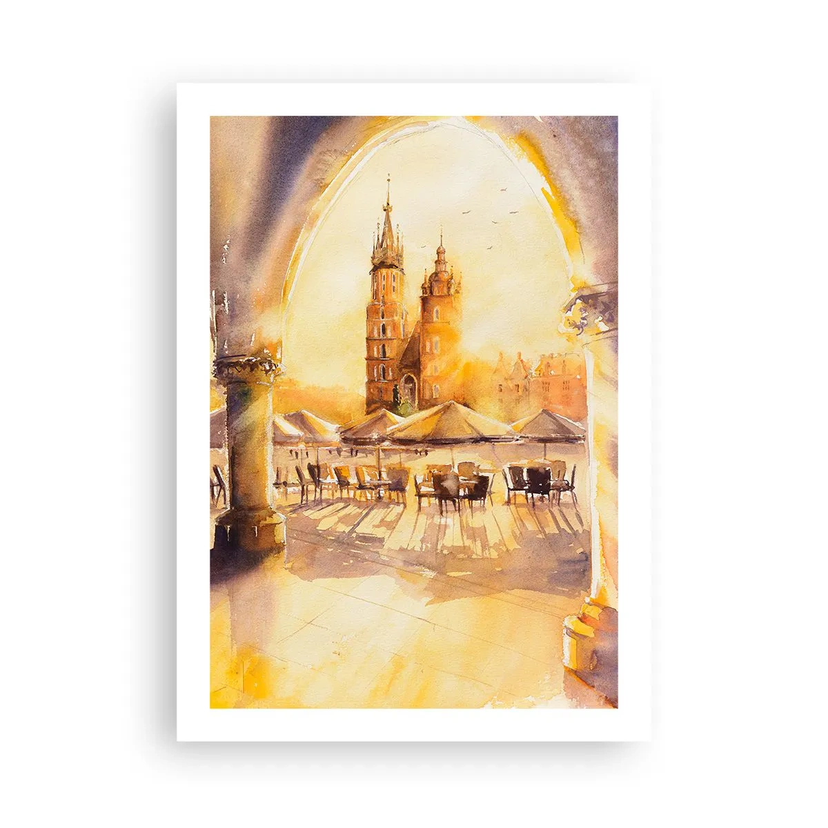 Poster - Un acquerello raffigurante la piazza del mercato di Cracovia al tramonto. - 50x70cm - Alba sulla piazza di Cracovia - Decorazione murale moderna per soggiorno e camera da letto ARTTOR