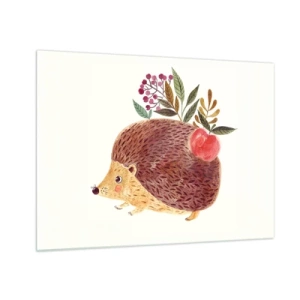 Quadro su vetro - Un riccio dei cartoni animati con una mela e dei ramoscelli sulla schiena - 70x50cm - E mi vuoi già bene - Decorazione murale moderna per soggiorno e camera da letto ARTTOR