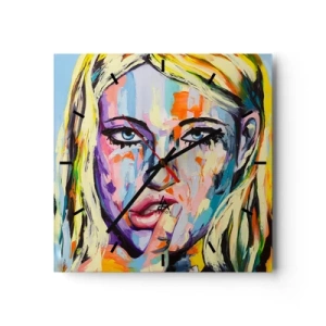 Orologio da parete - Orologio in Vetro - Ritratto colorato di una donna in stile astratto - 30x30cm - Guardala dritto negli occhi - Decorazione murale moderna per soggiorno e camera da letto ARTTOR