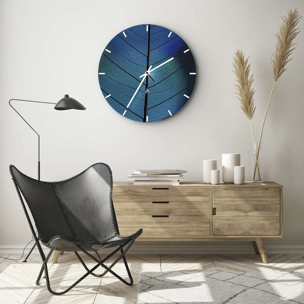 Orologio da parete - Orologio in Vetro - Primo piano della struttura della foglia nelle tonalità del blu e del nero - 30x30cm - Struttura intricata - Decorazione murale moderna per soggiorno, cucina e camera da letto ARTTOR