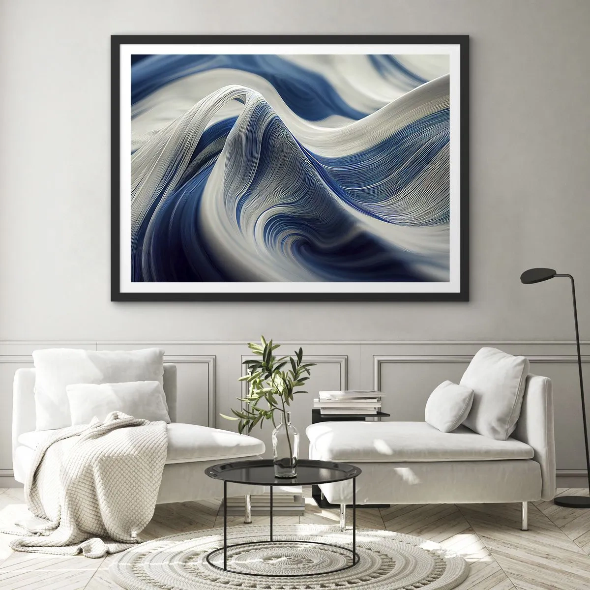 Poster in cornice nera - Onde astratte nei toni del blu e del bianco - 70x50cm - Fluidità di blu e di bianco - Decorazione murale moderna per soggiorno e camera da letto ARTTOR
