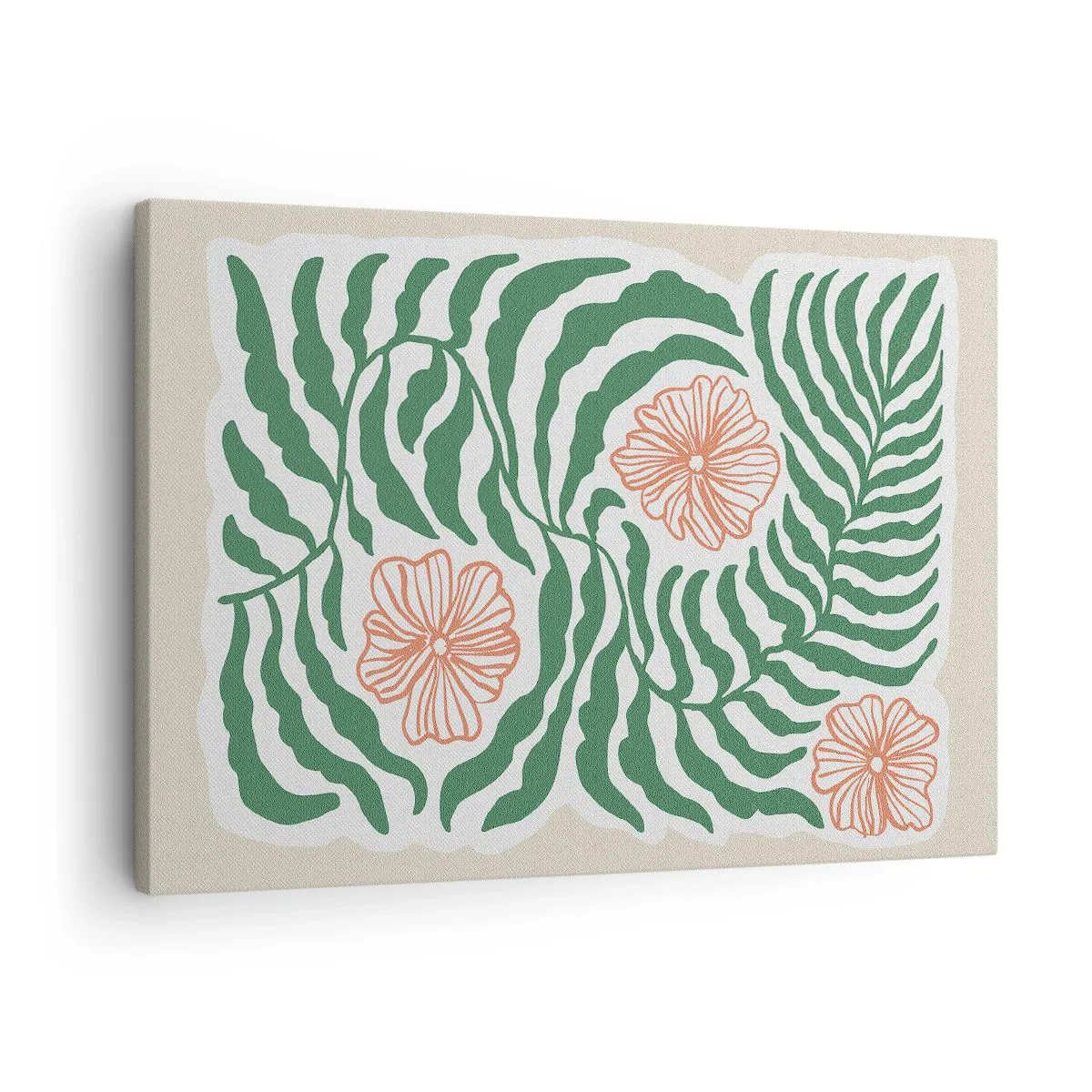 Quadro su tela - Stampe su Tela - Un motivo minimalista di foglie verdi con fiori nelle tonalità dell'arancione. - 70x50cm - Fioritura nel verde - Decorazione murale moderna per soggiorno e camera da letto ARTTOR