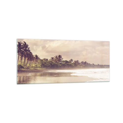 Quadro su vetro - Una spiaggia con palme e onde dolci al mattino - 120x50cm - La carezza delle onde - Decorazione murale moderna per soggiorno e camera da letto ARTTOR