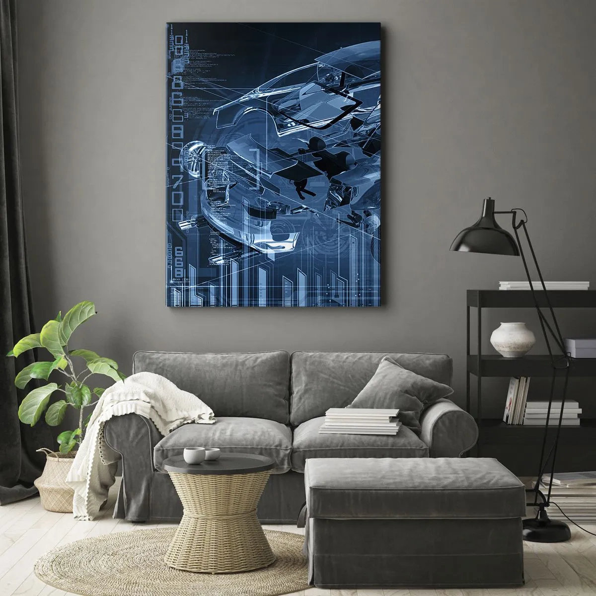 Quadro su tela - Stampe su Tela - Un disegno tecnico moderno di un'auto con elementi strutturali - 70x100cm - Anatomia ingegneristica - Decorazione murale moderna per soggiorno e camera da letto ARTTOR