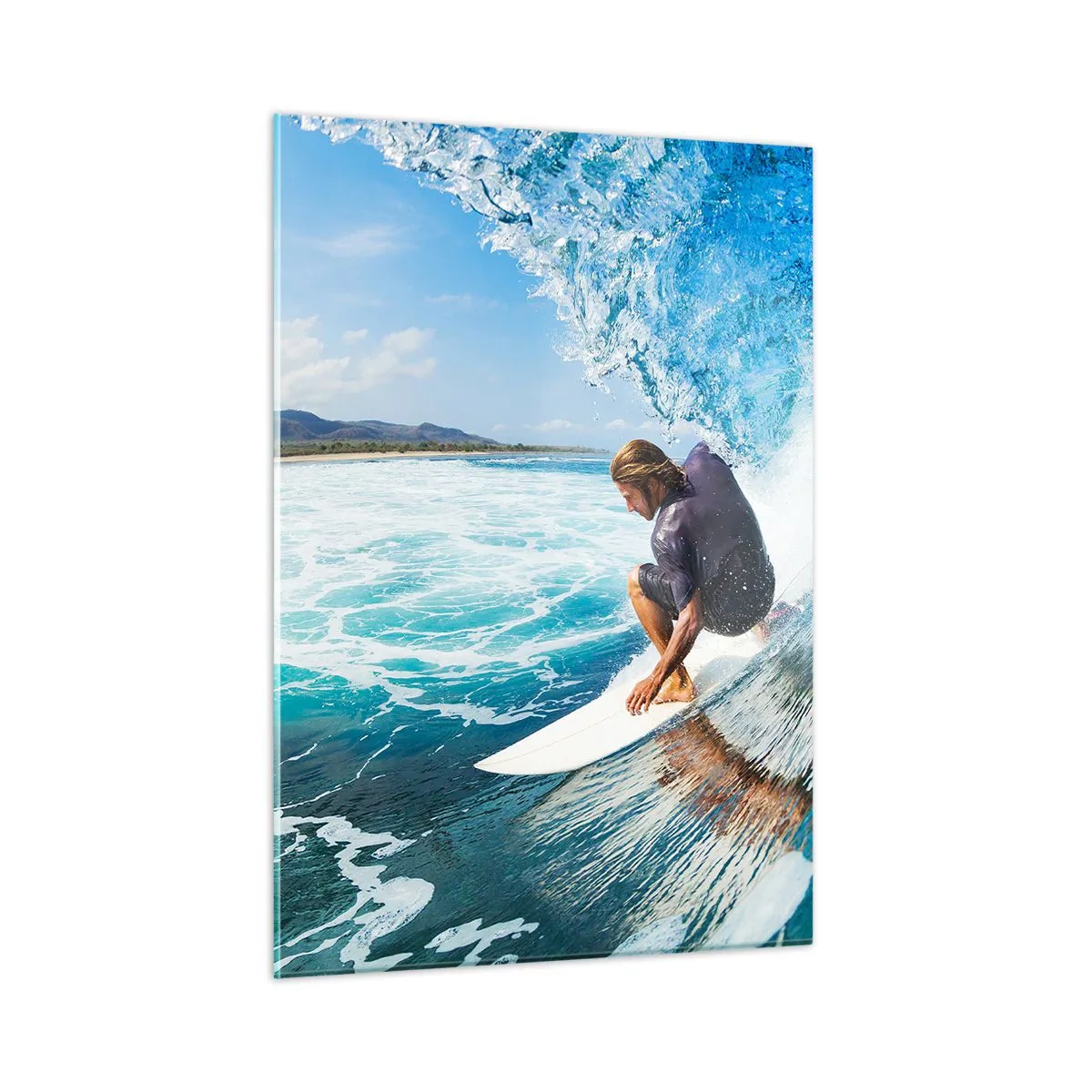 Quadro su vetro - Surfista in un tunnel d'acqua con l'oceano sullo sfondo - 50x70cm - Ballando con le onde - Decorazione murale moderna per soggiorno e camera da letto ARTTOR