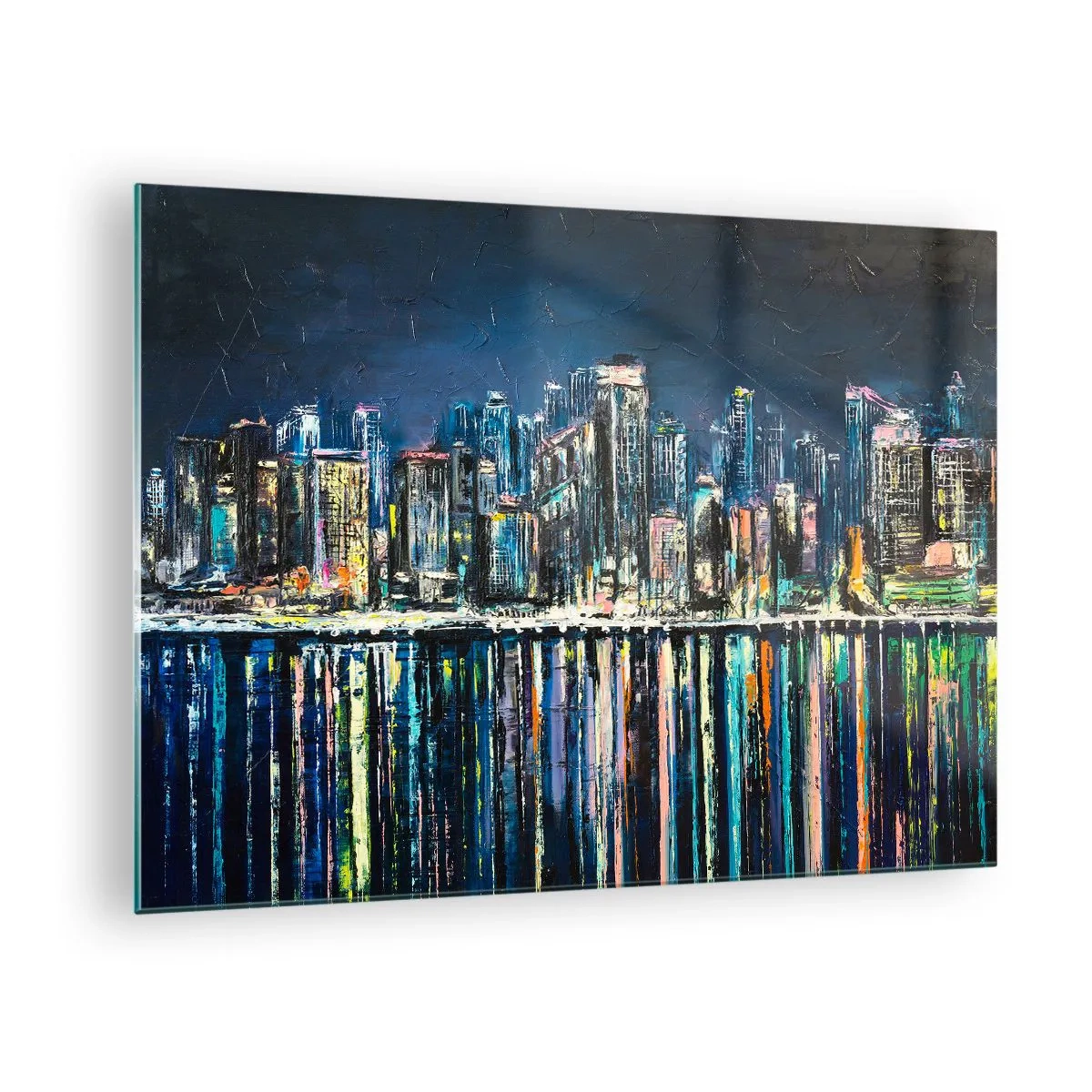 Quadro su vetro - Panorama della città di notte con le luci riflesse nell'acqua - 70x50cm - Cascata di luci - Decorazione murale moderna per soggiorno e camera da letto ARTTOR