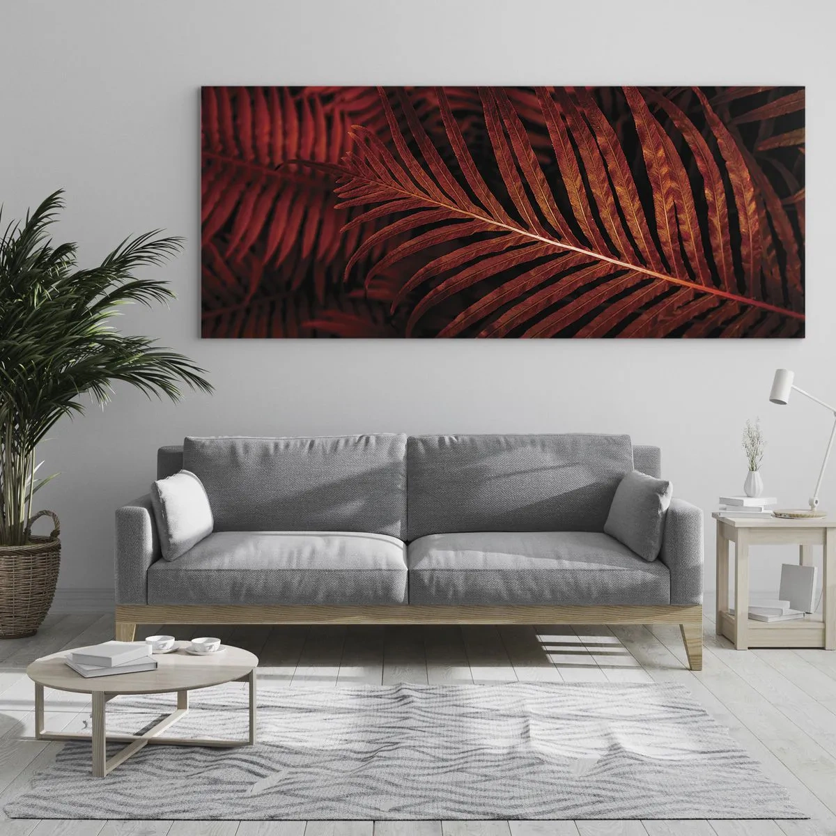 Quadro su vetro - Primo piano di foglie tropicali rosse - 160x50cm - Il calore della vita - Decorazione murale moderna per soggiorno e camera da letto ARTTOR