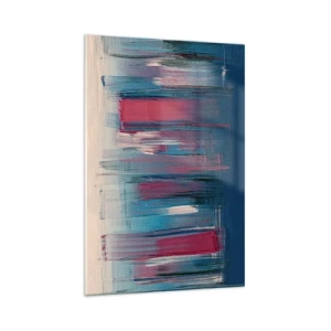 Quadro su vetro - Forme verticali astratte nelle tonalità del blu e del rosso - 80x120cm - Composizione verticale in blu e rosso - Decorazione murale moderna per soggiorno e camera da letto ARTTOR