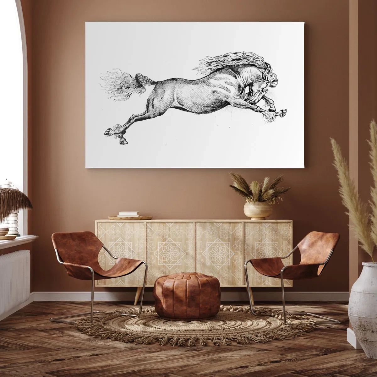 Quadro su tela - Stampe su Tela - Schizzo di un cavallo al galoppo dinamico su sfondo bianco - 70x50cm - Fermo al galoppo - Decorazione murale moderna per soggiorno e camera da letto ARTTOR