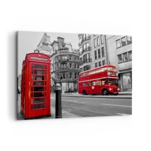 Quadro su tela - Stampe su Tela - Una cabina telefonica rossa e un autobus a due piani a Londra con la città sullo sfondo - 100x70cm - Il più rosso d'Europa - Decorazione murale moderna per soggiorno e camera da letto ARTTOR