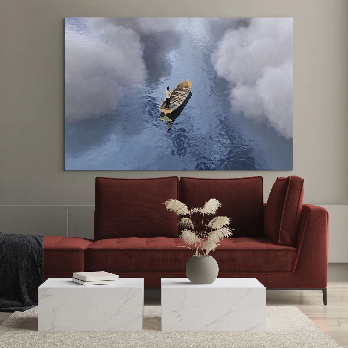 Quadro su vetro - Un uomo su una barca che naviga nell'acqua tra le nuvole - 70x50cm - Vita - viaggio - incertezza  - Decorazione murale moderna per soggiorno e camera da letto ARTTOR