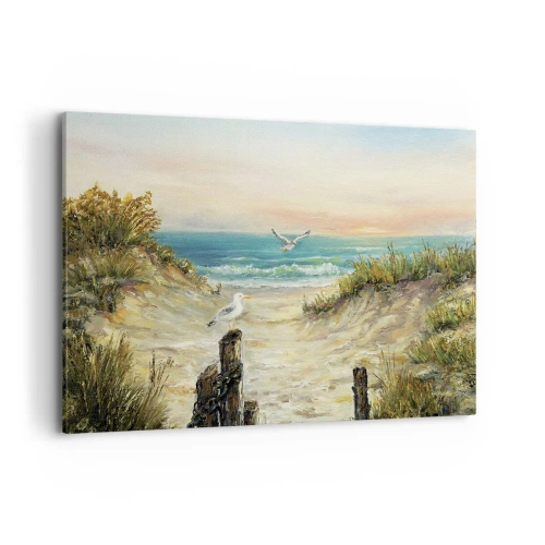 Quadro su tela - Stampe su Tela - Costa con gabbiani e dune al tramonto - 120x80cm - Silenzio senza vento - Decorazione murale moderna per soggiorno e camera da letto ARTTOR