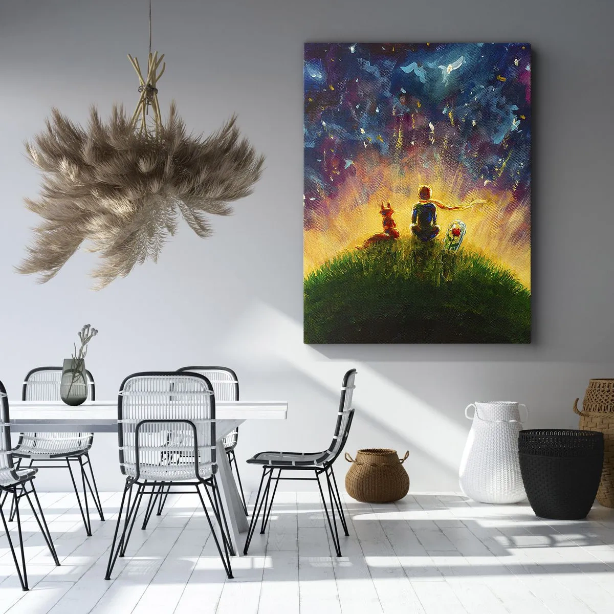 Quadro su tela - Stampe su Tela - Figure su una collina verde circondata da un cielo stellato - 70x100cm - Amore e amicizia: l'intero mondo - Decorazione murale moderna per soggiorno e camera da letto ARTTOR