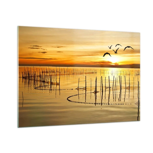 Quadro su vetro - Tramonto su un lago con uccelli e reti da pesca - 100x70cm - Alla pesca - Decorazione murale moderna per soggiorno e camera da letto ARTTOR
