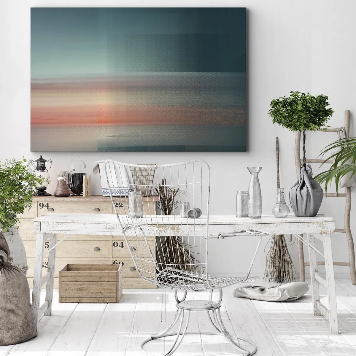 Quadro su tela - Stampe su Tela - Un tramonto in tonalità pastello su un orizzonte calmo - 70x50cm - Astrazione: onde di luce - Decorazione murale moderna per soggiorno e camera da letto ARTTOR