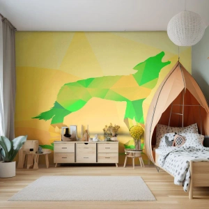Fotomurali Standard Eco - Silhouette geometrica di un lupo su sfondo giallo - 100x70cm - Il lupo solitario - Decorazione murale moderna per soggiorno e camera da letto ARTTOR