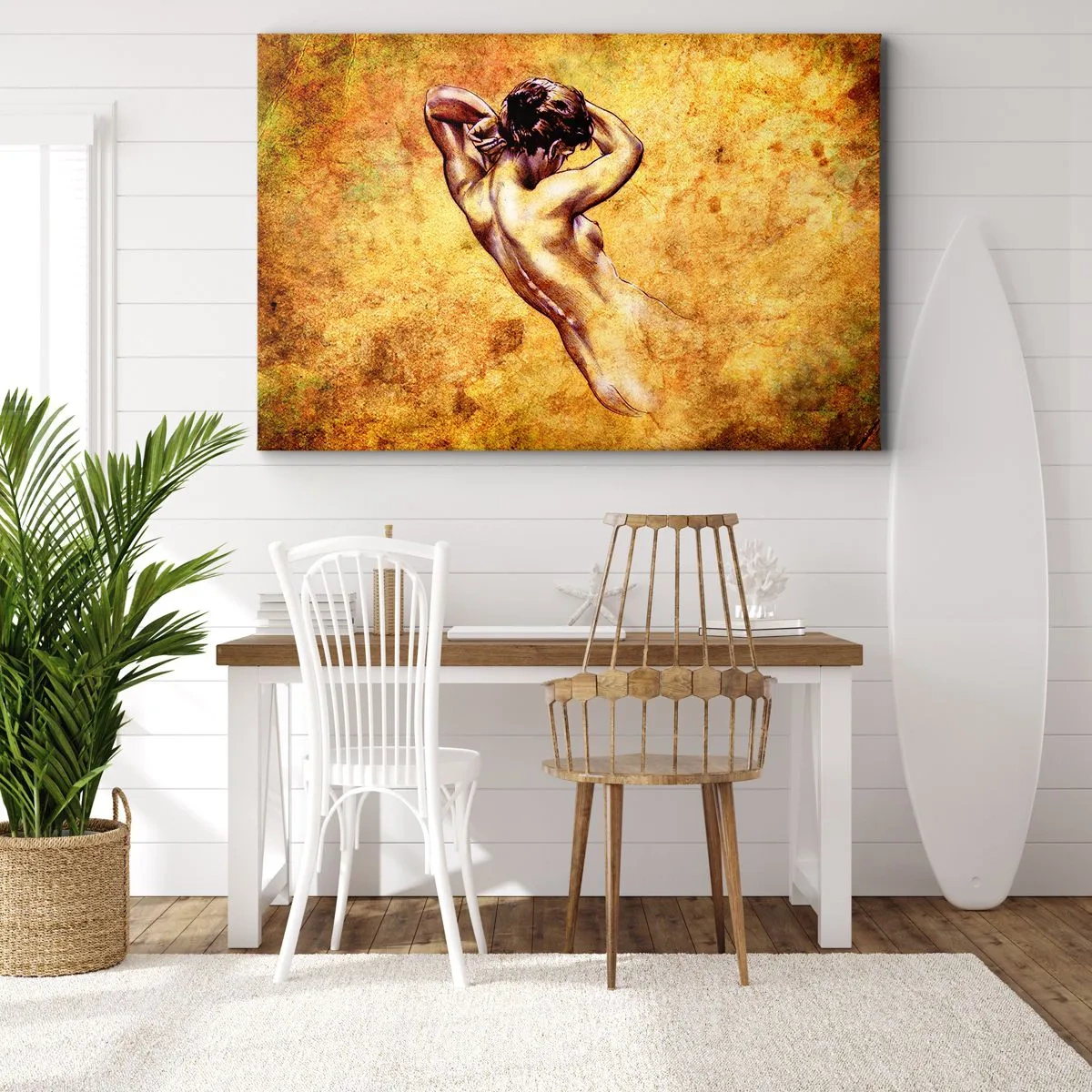 Quadro su tela - Stampe su Tela - Nudo femminile artistico su sfondo dorato in stile classico - 70x50cm - Nuda, ma sempre misteriosa - Decorazione murale moderna per soggiorno e camera da letto ARTTOR