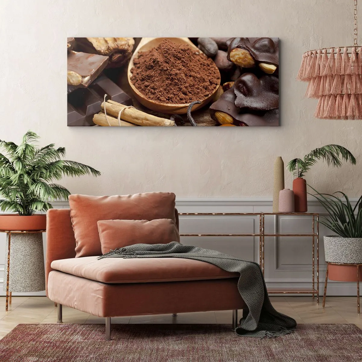Quadro su tela - Stampe su Tela - Un cucchiaio di cacao e ingredienti al cioccolato in una disposizione rustica - 160x50cm - Ideale per i momenti di tristezza - Decorazione murale moderna per soggiorno e camera da letto ARTTOR