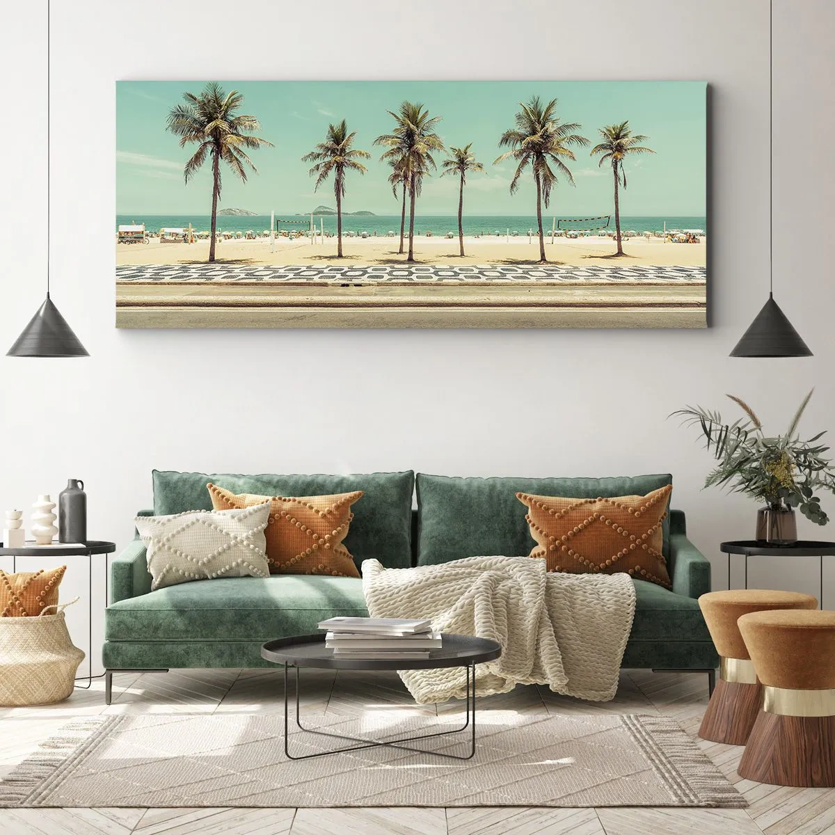 Quadro su tela - Stampe su Tela - Palme sulla spiaggia con vista sul mare e sul cielo azzurro - 140x50cm - A guardia della spiaggia - Decorazione murale moderna per soggiorno e camera da letto ARTTOR