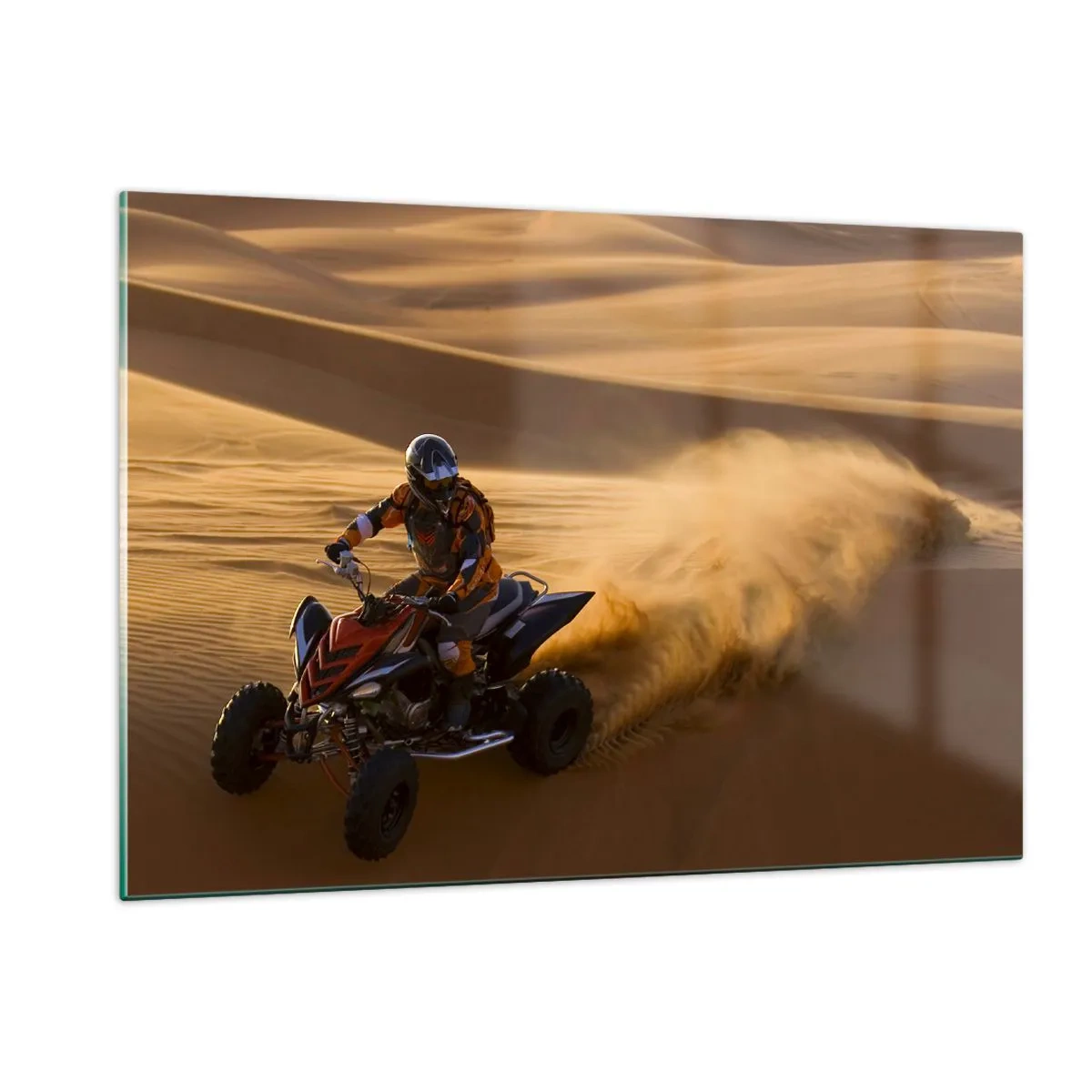 Quadro su vetro - ATV in azione nel deserto al tramonto - 120x80cm - Sulle onde della sabbia - Decorazione murale moderna per soggiorno e camera da letto ARTTOR