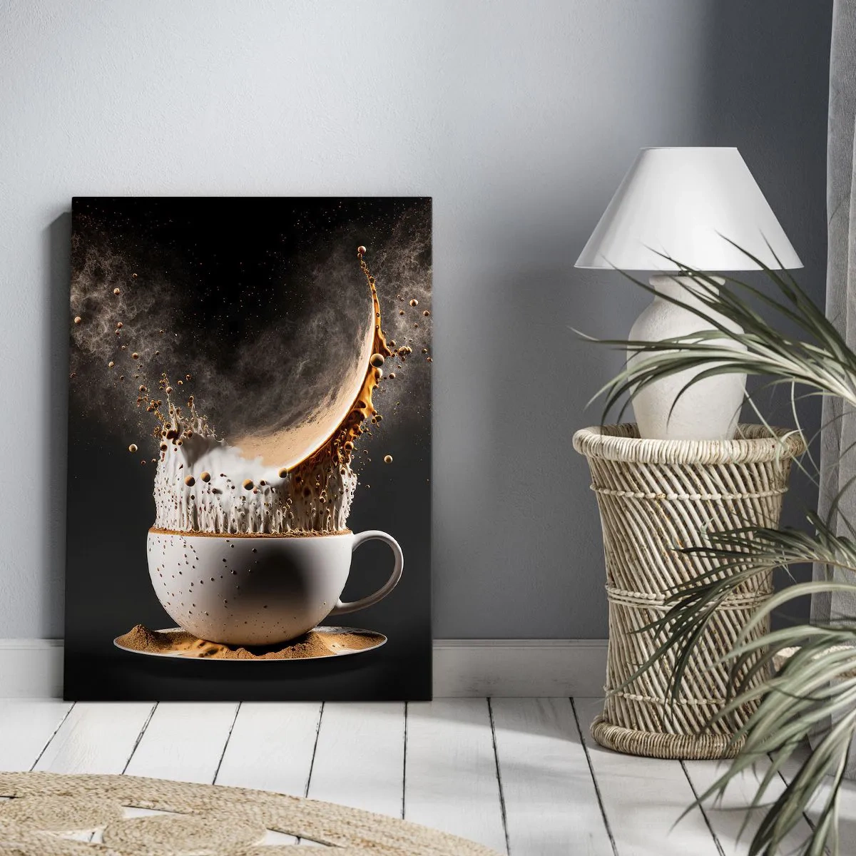 Quadro su tela - Stampe su Tela - Una tazza di caffè con un'esplosione dinamica di liquido su uno sfondo nero. - 80x120cm - Esplosione di sapore - Decorazione murale moderna per soggiorno e camera da letto ARTTOR