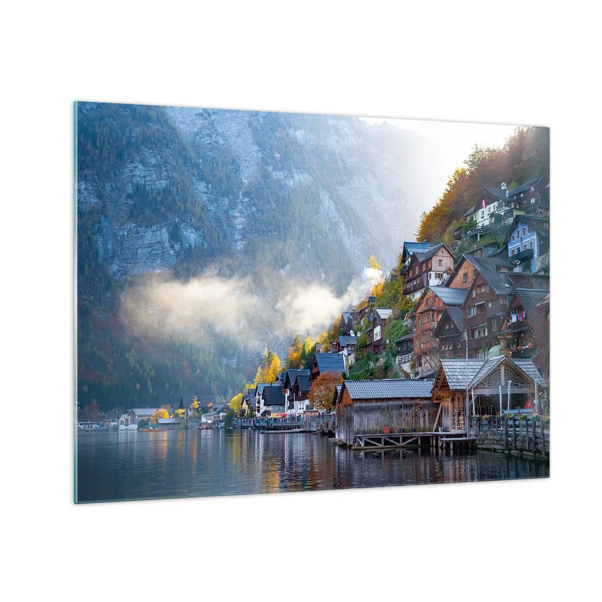 Quadro su vetro - Una mattina d'autunno in una cittadina di montagna in riva a un lago - 70x50cm - Atmosfera alpina - Decorazione murale moderna per soggiorno e camera da letto ARTTOR