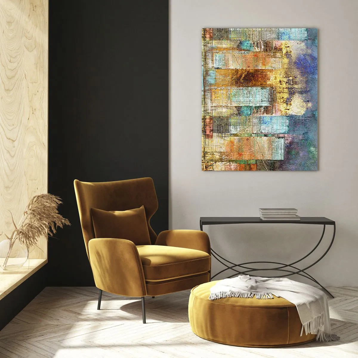 Quadro su vetro - Grattacieli astratti in stile industriale - 70x100cm - Metropoli nel sole - Decorazione murale moderna per soggiorno e camera da letto ARTTOR