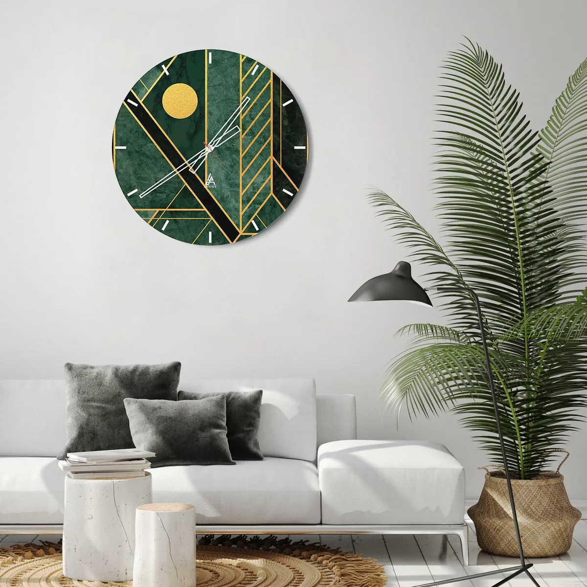 Orologio da parete - Orologio in Vetro - Sfondo verde con linee geometriche dorate e un cerchio dorato - 30x30cm - Dinamica di oro e azzurro - Decorazione murale moderna per soggiorno, cucina e camera da letto ARTTOR