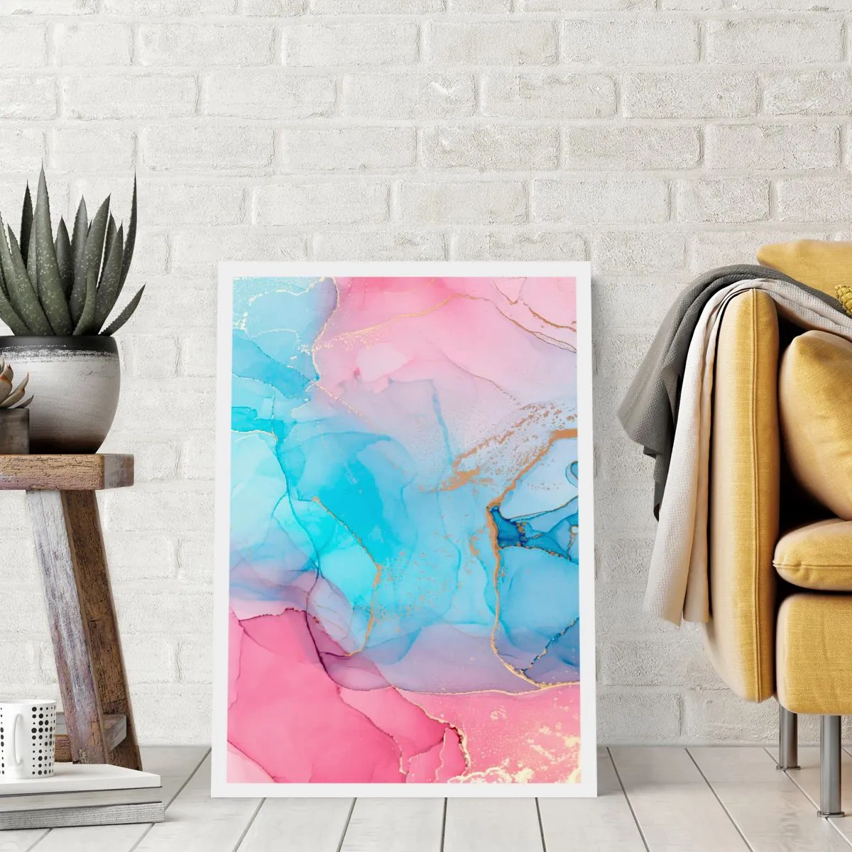 Poster - Macchie astratte nei toni del rosa, blu e oro - 50x70cm - Incontro e compenetrazione - Decorazione murale moderna per soggiorno e camera da letto ARTTOR