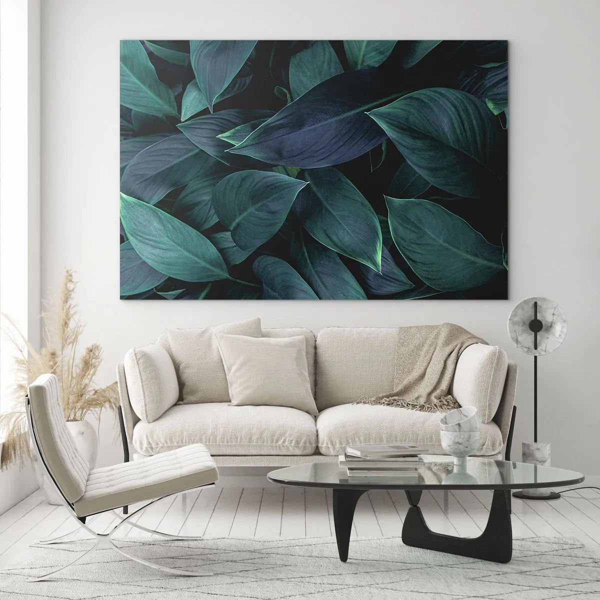 Quadro su vetro - Foglie verdi dense su uno sfondo scuro - 120x80cm - Il verde puro - Decorazione murale moderna per soggiorno e camera da letto ARTTOR