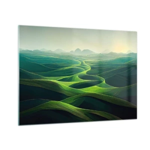 Quadro su vetro - Verdi colline e valli illuminate dai raggi del sole - 70x50cm - Nelle valli verdi - Decorazione murale moderna per soggiorno e camera da letto ARTTOR