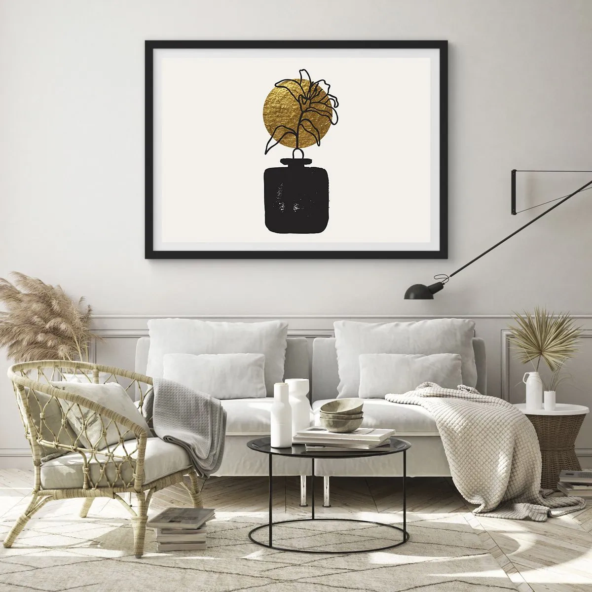 Poster in cornice nera - Un disegno di un fiore in un vaso su uno sfondo di cerchi dorati - 70x50cm - Bellezza a peso d'oro - Decorazione murale moderna per soggiorno e camera da letto ARTTOR