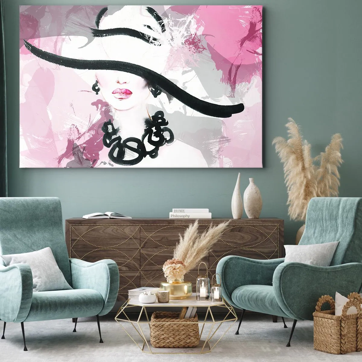 Quadro su tela - Stampe su Tela - Una donna elegante con un cappello su uno sfondo di astrazioni rosa. - 120x80cm - Ritratto di donna in nero e rosa - Decorazione murale moderna per soggiorno e camera da letto ARTTOR