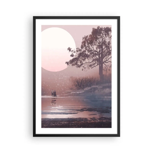 Poster in cornice nera - Paesaggio romantico con la luna e un albero in riva all'acqua - 50x70cm - Meraviglie della notte - Decorazione murale moderna per soggiorno e camera da letto ARTTOR