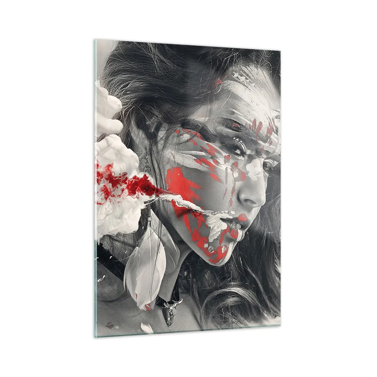 Quadro su vetro - Ritratto di una donna con motivi astratti rossi e bianchi - 50x70cm - Nei vapori dell'assurdo - Decorazione murale moderna per soggiorno e camera da letto ARTTOR