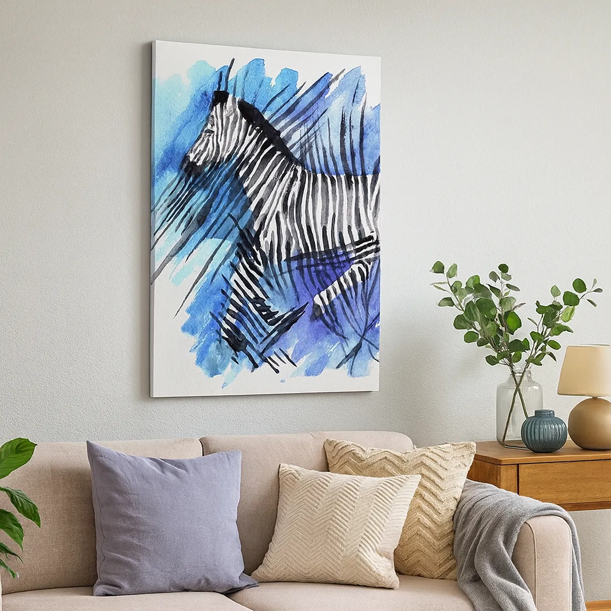 Quadro su tela - Stampe su Tela - Illustrazione ad acquerello di una zebra contro un cielo blu - 50x70cm - Nascosta nelle strisce - Decorazione murale moderna per soggiorno e camera da letto ARTTOR